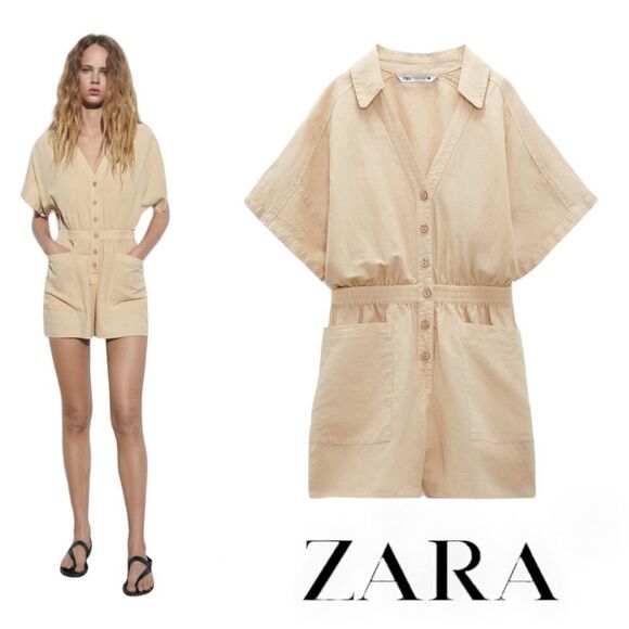 ZARA | Sand | SHORT LINEN PLAYSUIT - Picture 1 of 7